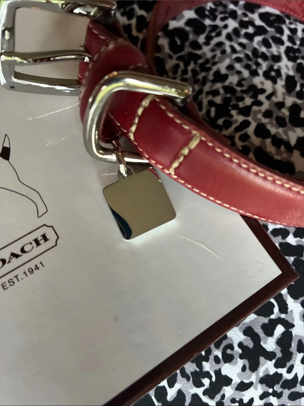 Coach Rare Vintage Sz. MED, Red Leather Grommet Dog Collar, Square Charm w Box